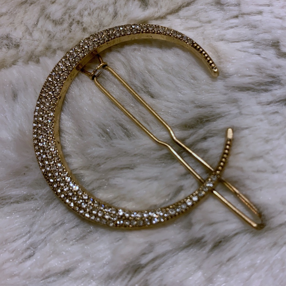 Moon and Star Crystal Rhinestone Gold Hair Pins - Picture 3 of 7